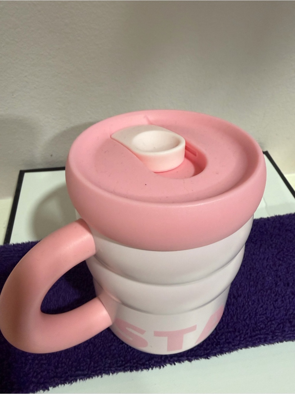 Starbucks Pink and White Collapsible Travel Mug with Handle
